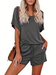 2pc Short Sleeve T Shirt & Drawstring Waist Shorts Set