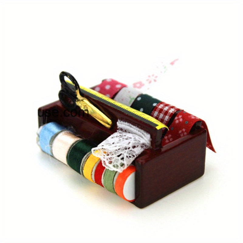1:12 Scale Sewing Box Dollhouse Accessories with Lace Scissors and Threads