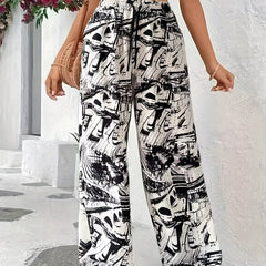  Allover Print Drawstring Wide Leg Trousers