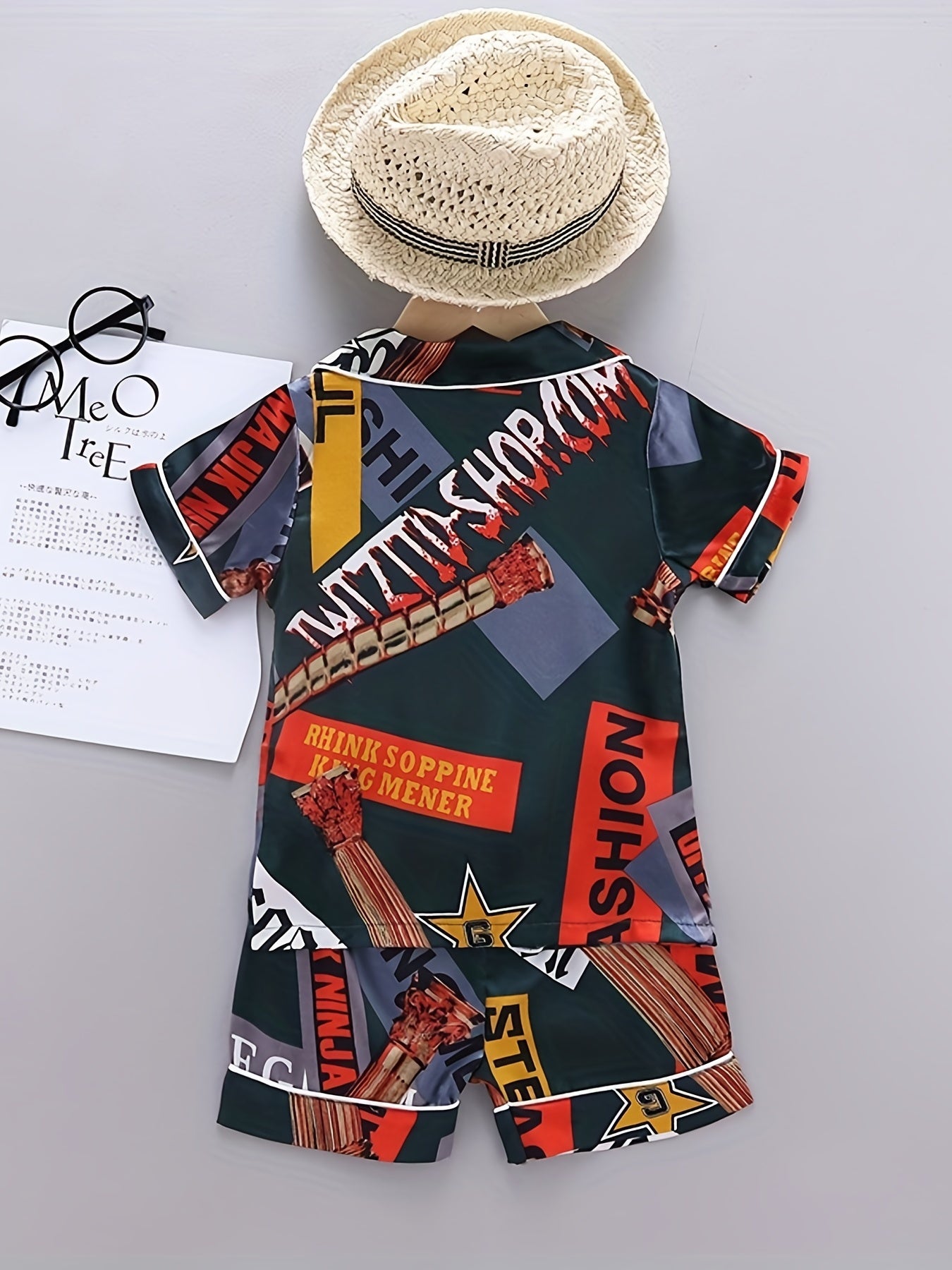 Boys Letter Print Block Pajamas Set Short Sleeves Tops & Bottoms Comfortable