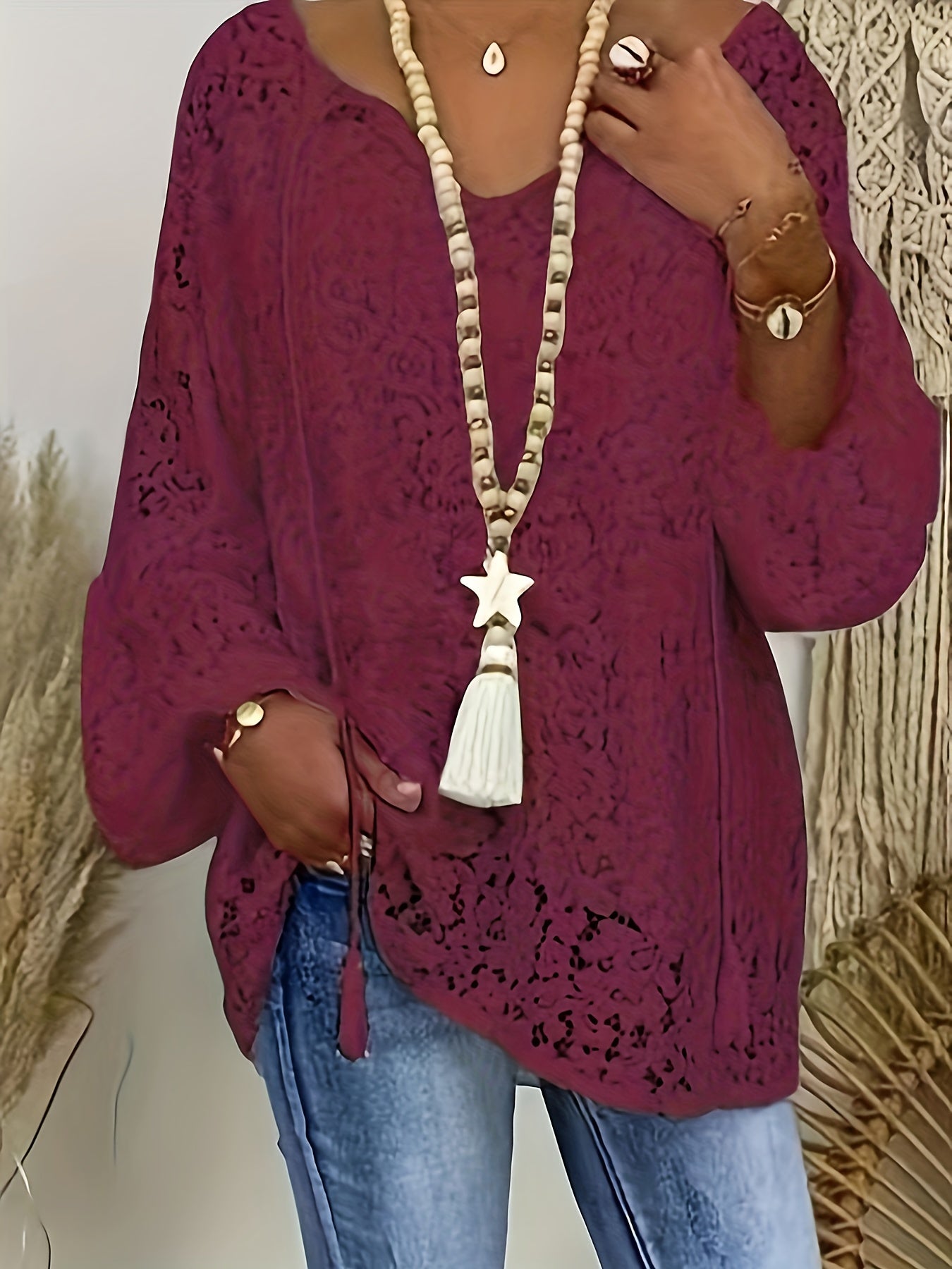  Boho Blouse Lace Lantern Sleeve Tunic Top