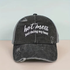 Hot Mess Embroidered Baseball Cap Washed Hole Ponytail Cap