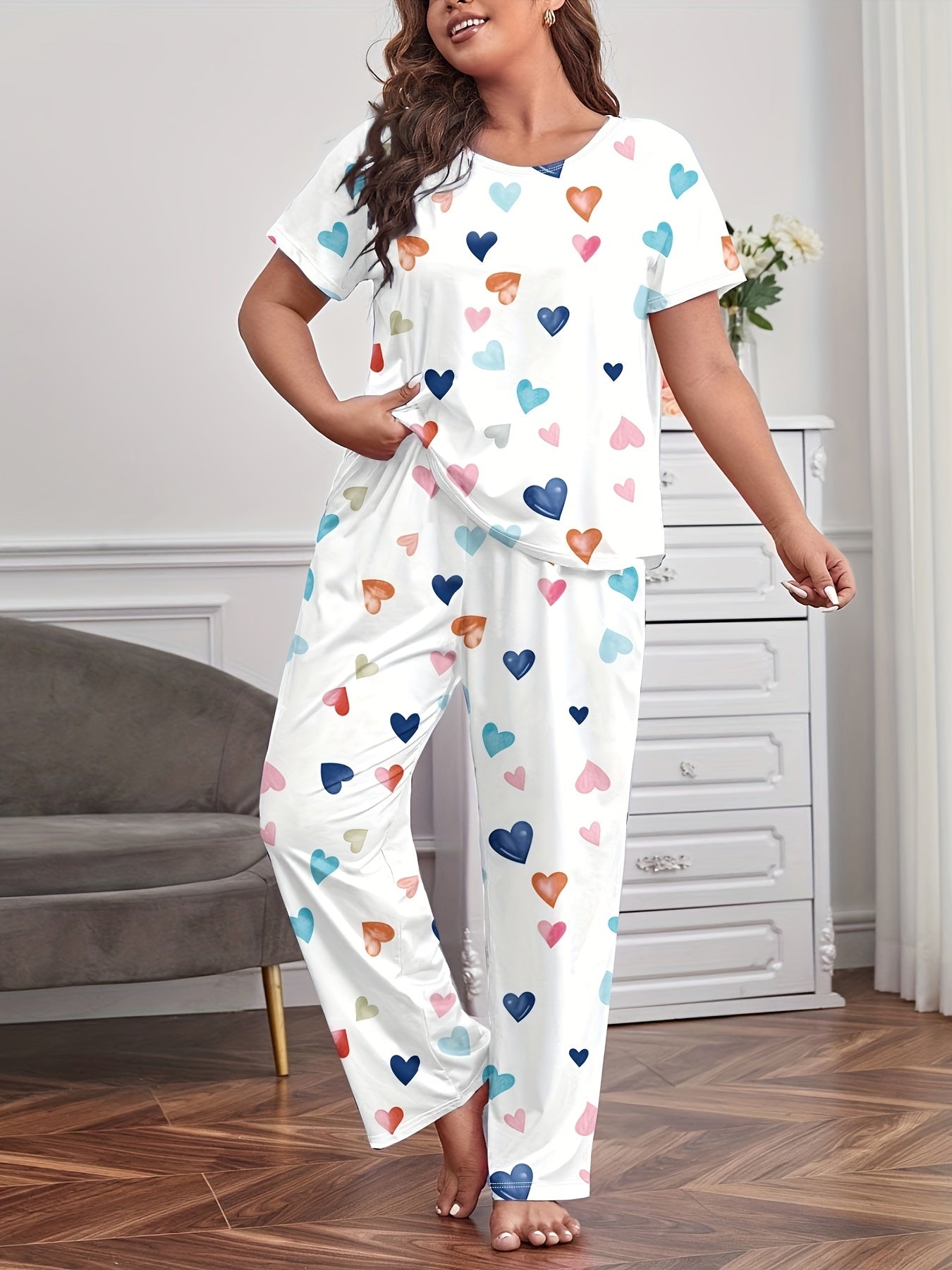  Heart Print Pajamas Set Short Sleeve Tee & Pants Loungewear