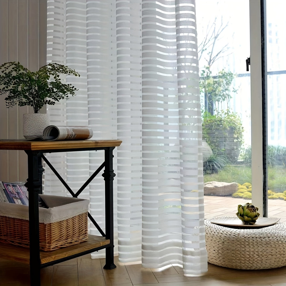 Solid Horizontal Stripe Sheer Curtain for Living Room & Bedroom Decor
