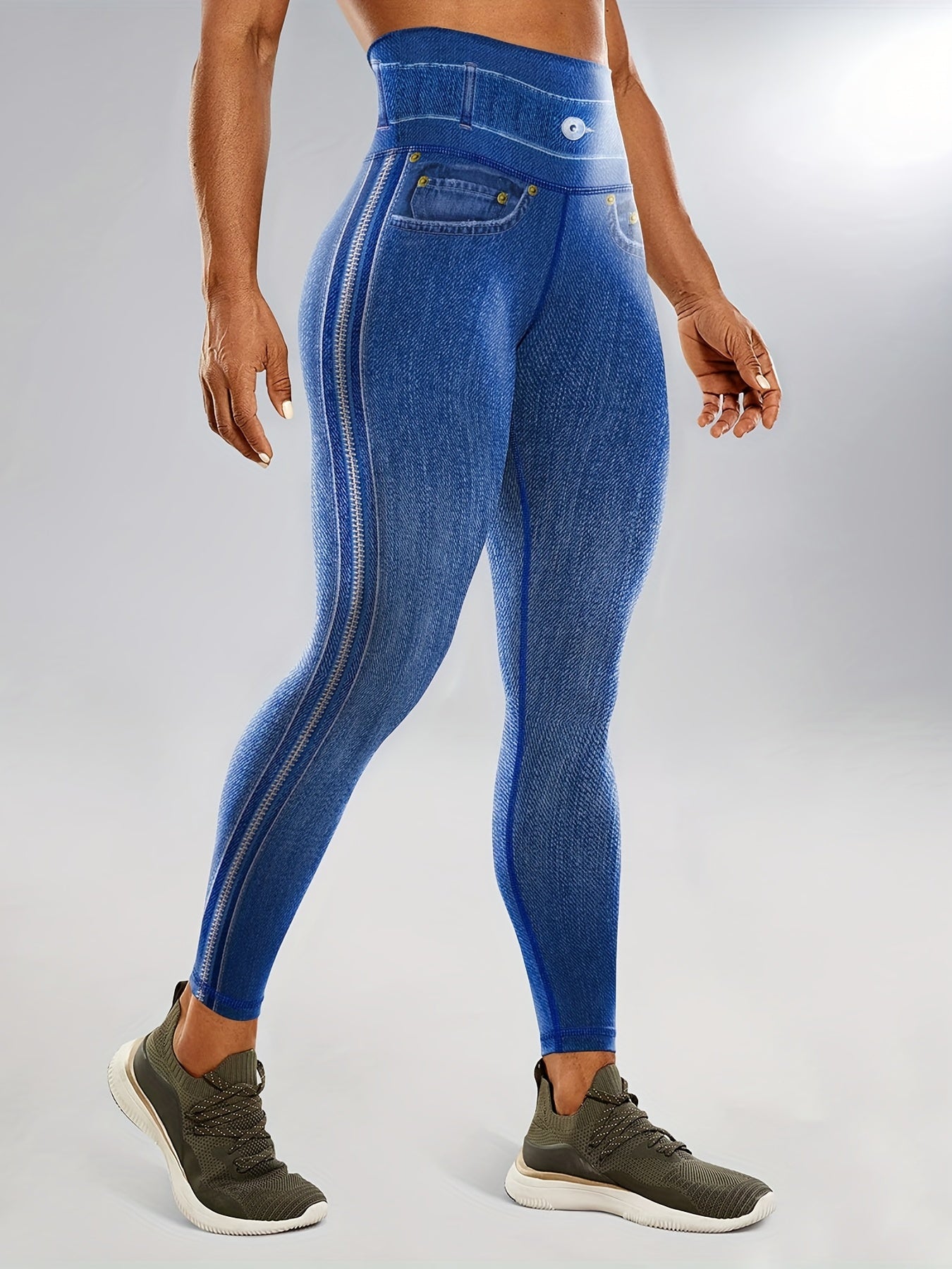 Faux Denim Print Yoga Leggings High Waist Butt Lifting Tummy Control