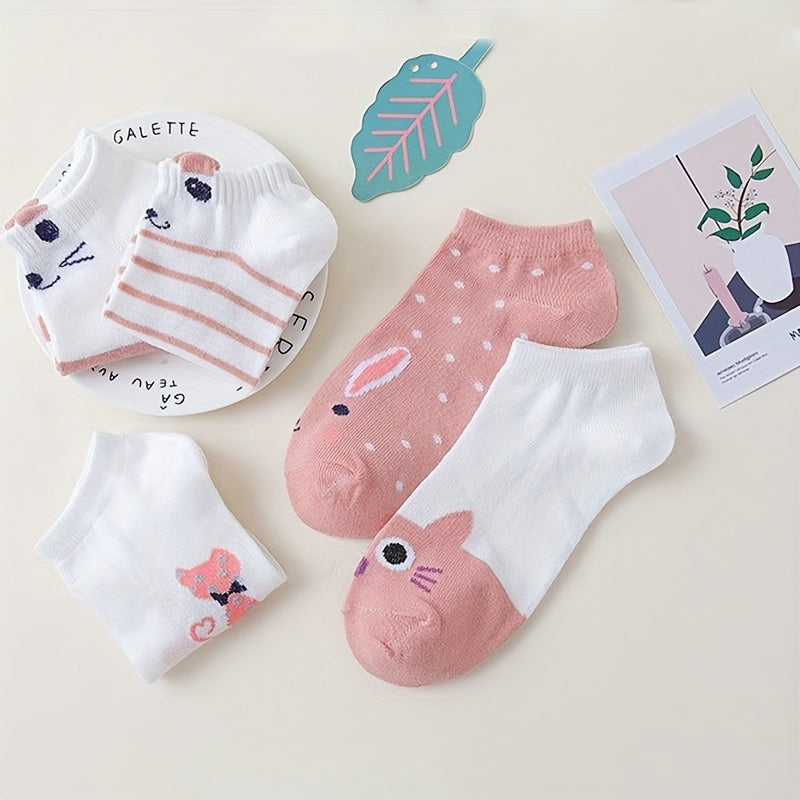 5 Pairs Cat Print Short Socks Breathable Ankle Stockings