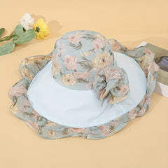 Chiffon Ruffles Floral Bucket Hat Wide Brim Sunscreen Fisherman Cap