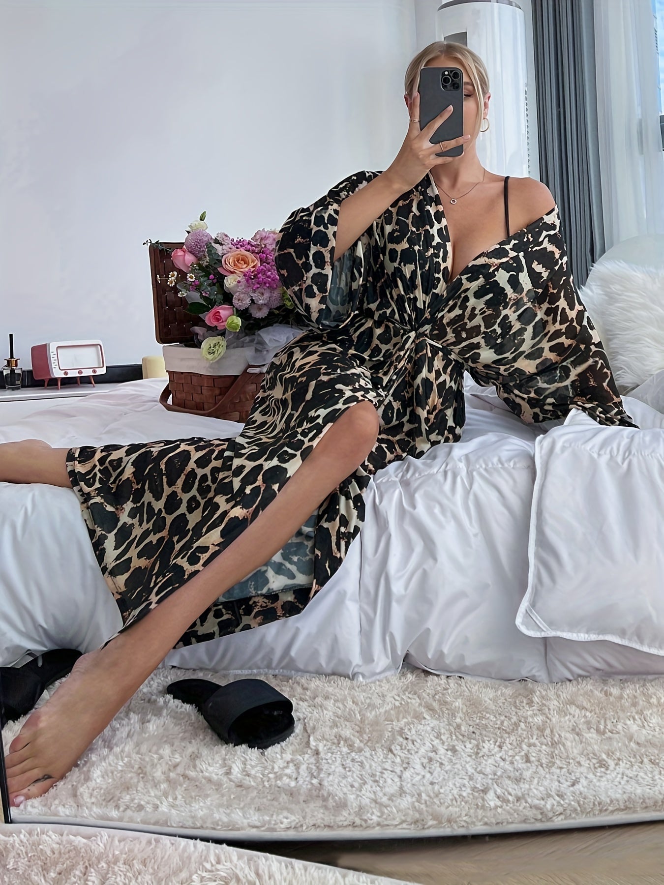 Leopard Mesh Robe Long Sleeve V Neck Belt Women's Lingerie