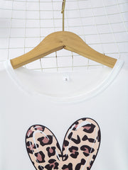 Heart Print Lounge Set Long Sleeve Crew Neck Top & Leopard Shorts