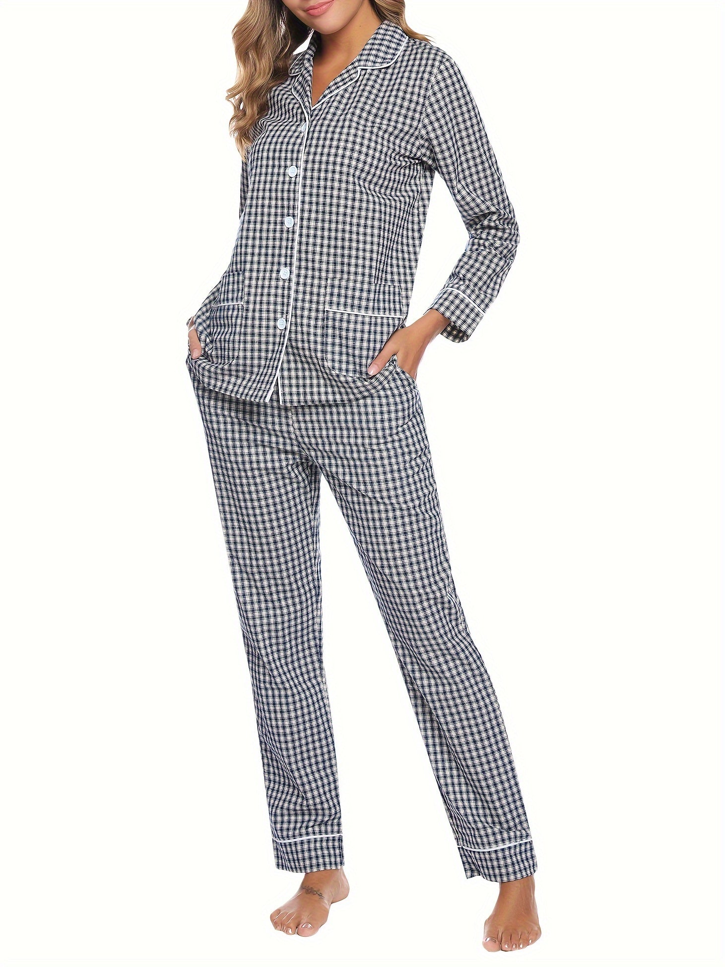 Plaid Print Lounge Set Long Sleeve Buttons Top & Elastic Waistband Pants