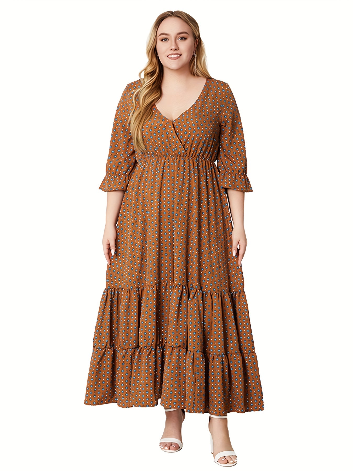 Plus Dot Print Half Sleeve Maxi Smock Dress