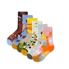 6 Pairs Floral Print Socks Colorblock Crew Socks Women's Stockings