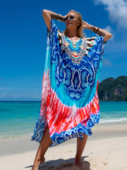  Boho Cover Up Women's Plus Tribal & Leopard Print Batwing Sleeve V Nec