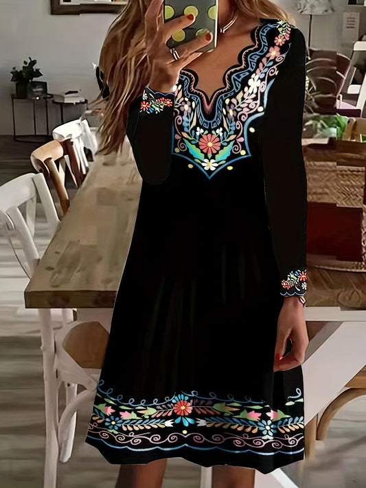  Floral Print Long Sleeve V-Neck Dress