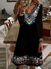  Floral Print Long Sleeve V-Neck Dress
