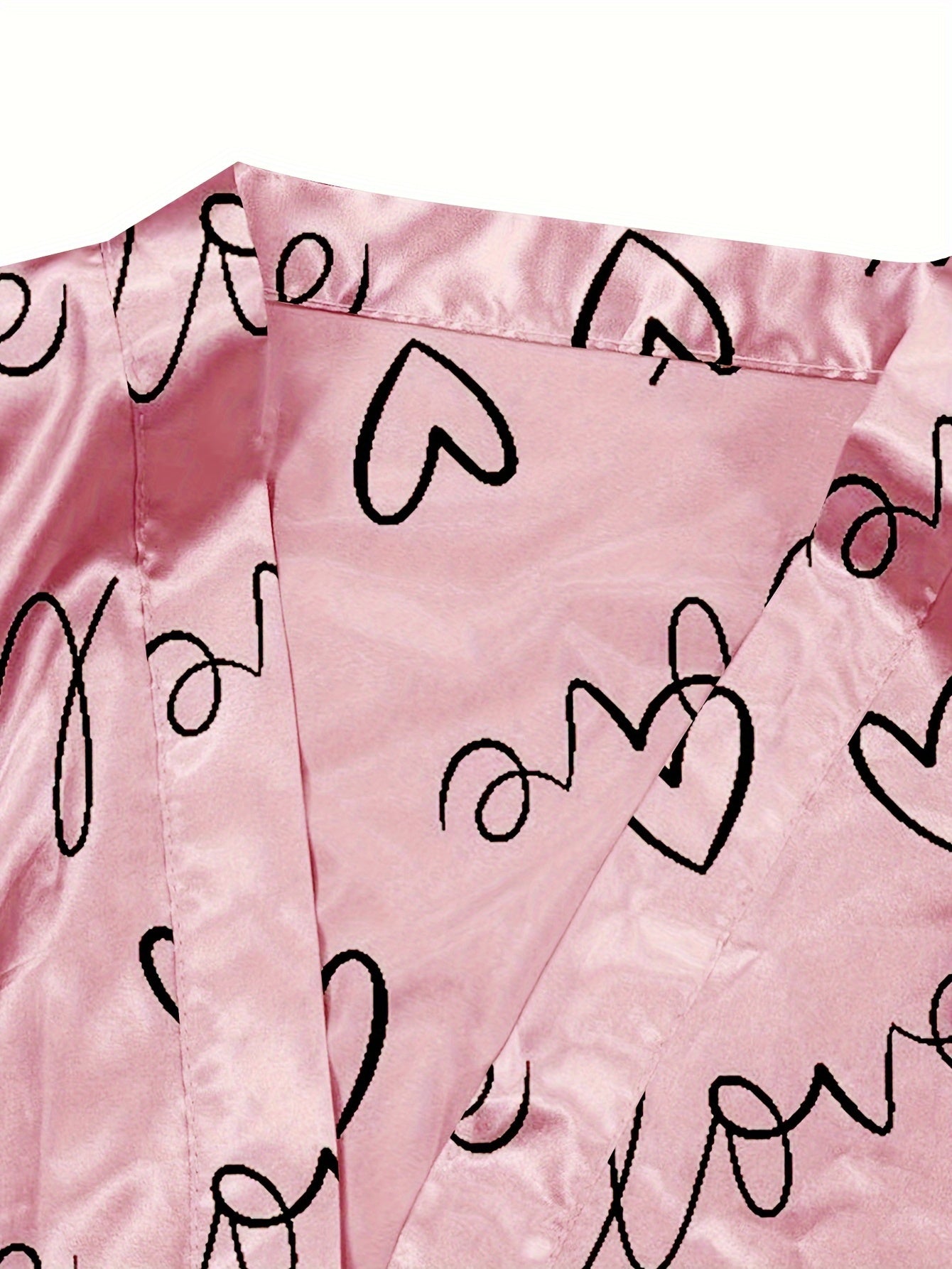  Heart Print Robe & Cami Satin Loungewear Set