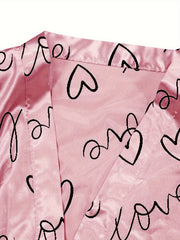  Heart Print Robe & Cami Satin Loungewear Set