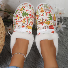 Christmas Print Plush Lined Furry Flat Lightweight Comfortable Skate Shoes
