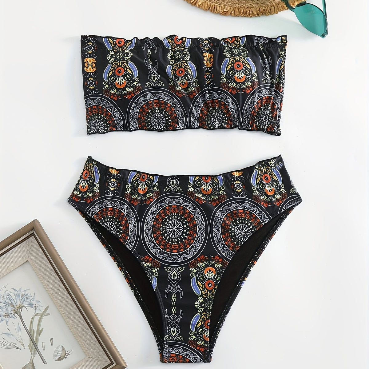 Geometric Pattern Bandeau Bikini 2 Piece Set Tube Top Tie Back