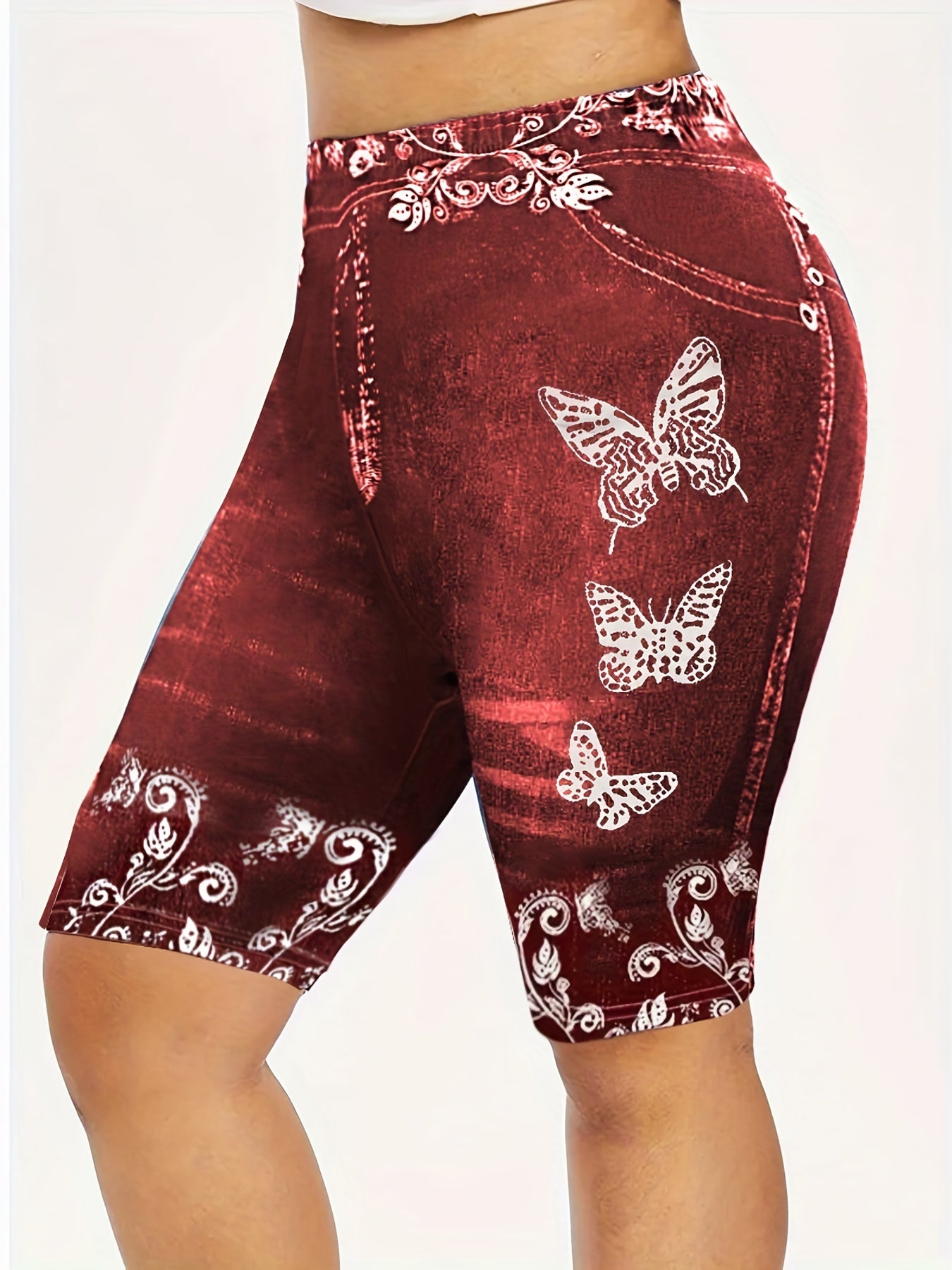  Denim & Butterfly Print High Rise Skinny Shorts