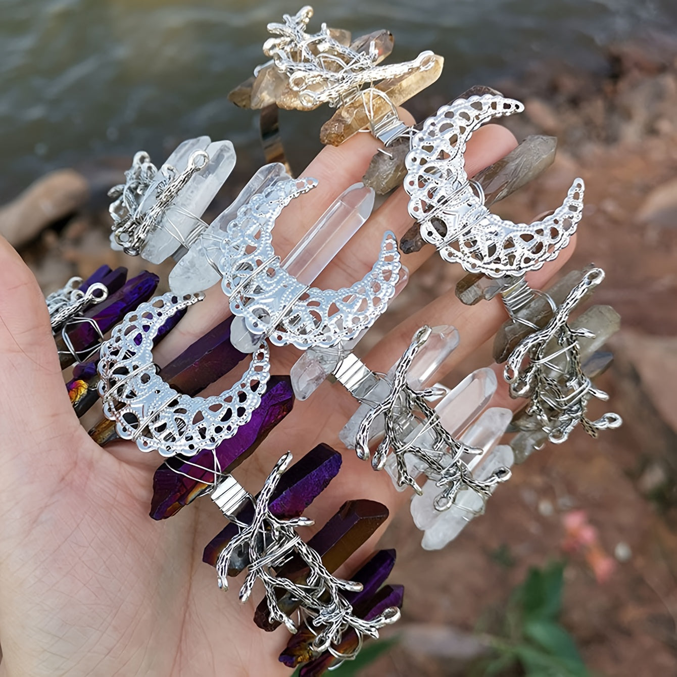 Crystal Quartz Crown Moon Earrings