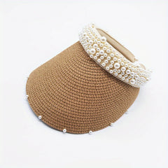 Faux Pearl Visor Hat Straw Sun Hat UV Protection Beach Hat