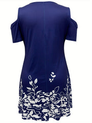  Casual Dress Women's Plus Floral Print Cold Shoulder Round Neck Dress