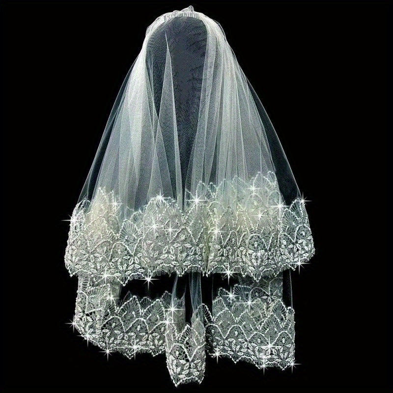 Sequin Veil & Lightweight Hairstyle for Beach Wedding Photos