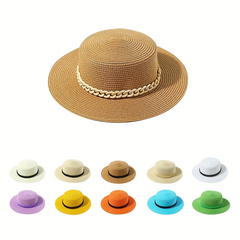 Flat Top Straw Fedora Cap with Detachable Chain - British Jazz Hats for Women