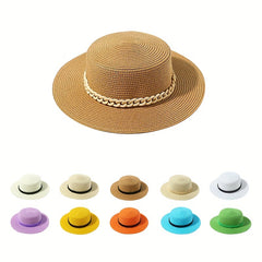 Flat Top Straw Fedora Cap with Detachable Chain - British Jazz Hats for Women
