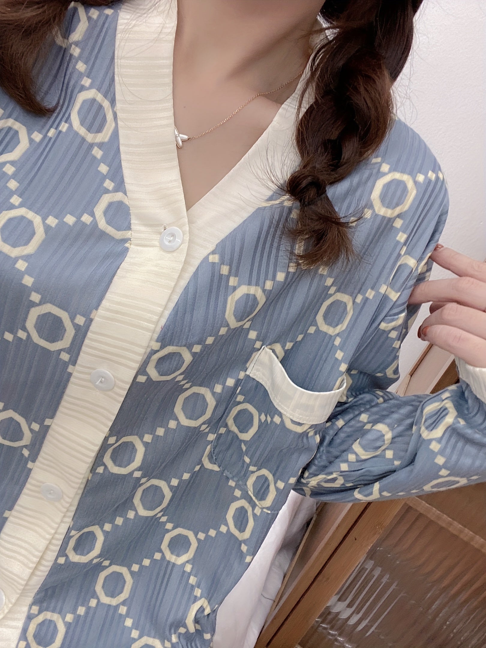 Geometric Pattern Pajama Set Long Sleeve & Elastic Waistband Pants
