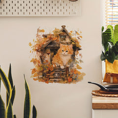 Cartoon Cat Wall Decal Maple Leaves Sticker Kitchen Living Room TV Sofa