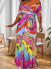  Colorblock Print Maxi Dress with Belt