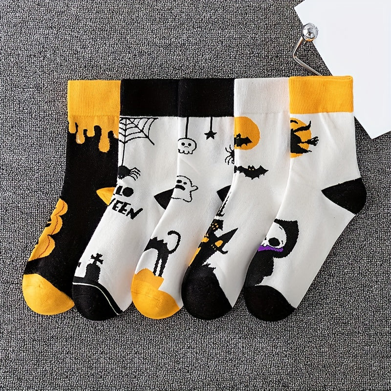 5 Pairs Halloween Crew Socks Skull & Pumpkin Print Stockings Women's Hosiery