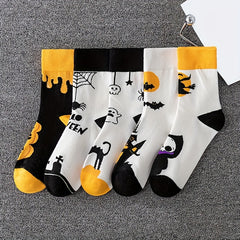 5 Pairs Halloween Crew Socks Skull & Pumpkin Print Stockings Women's Hosiery
