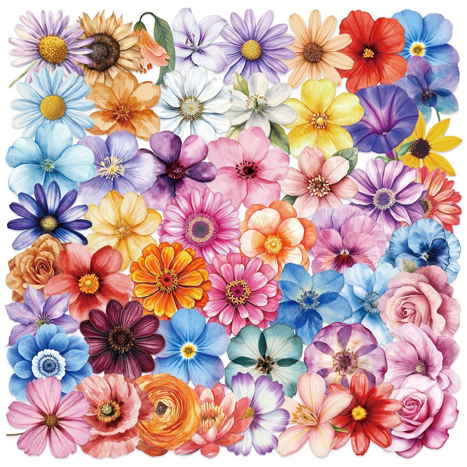 50pcs Cartoon Flower Stickers, Transparent Reusable PET Decals