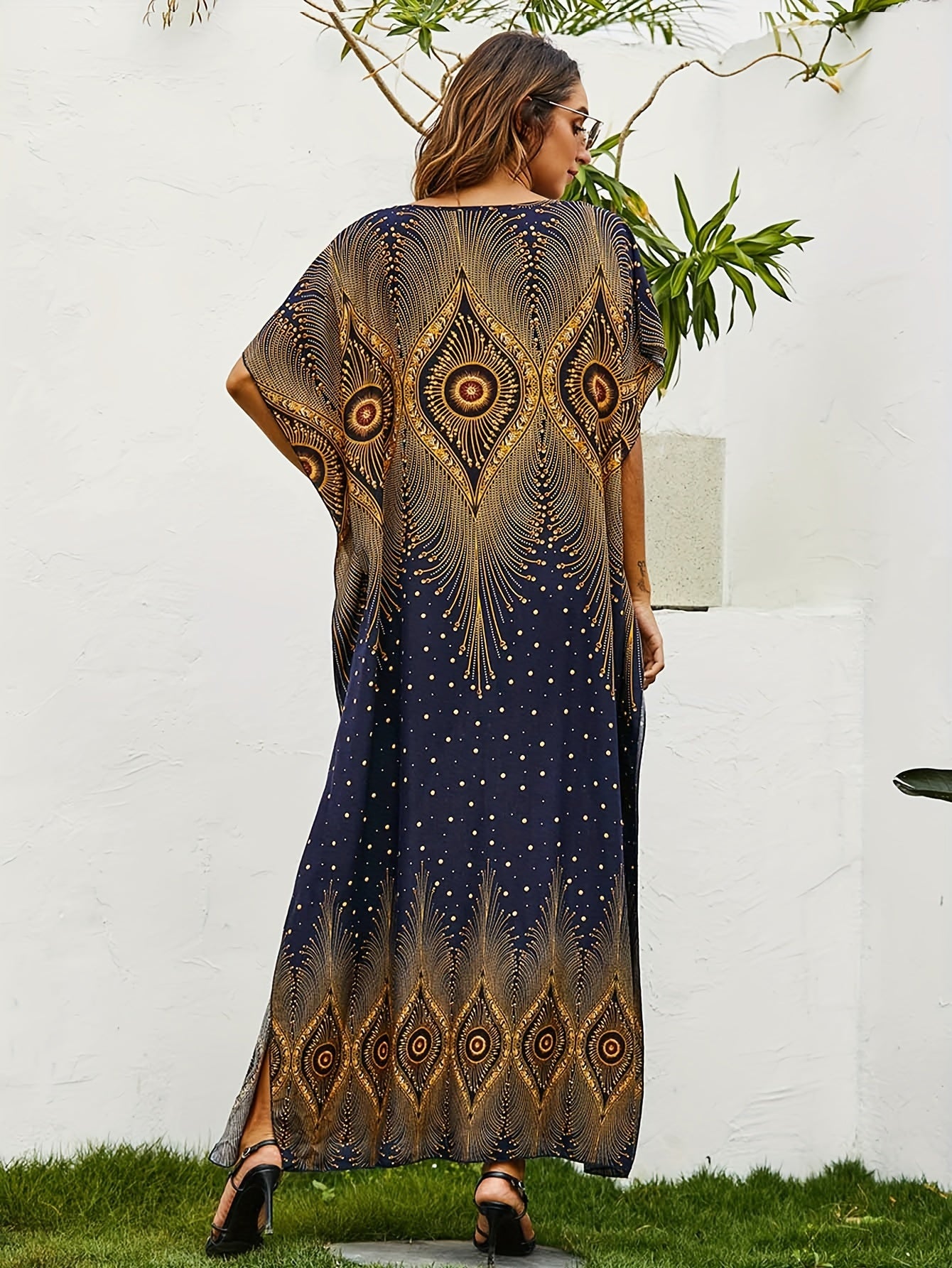  Boho Kaftan Dress Women's Plus Tribal Print Bat Sleeve