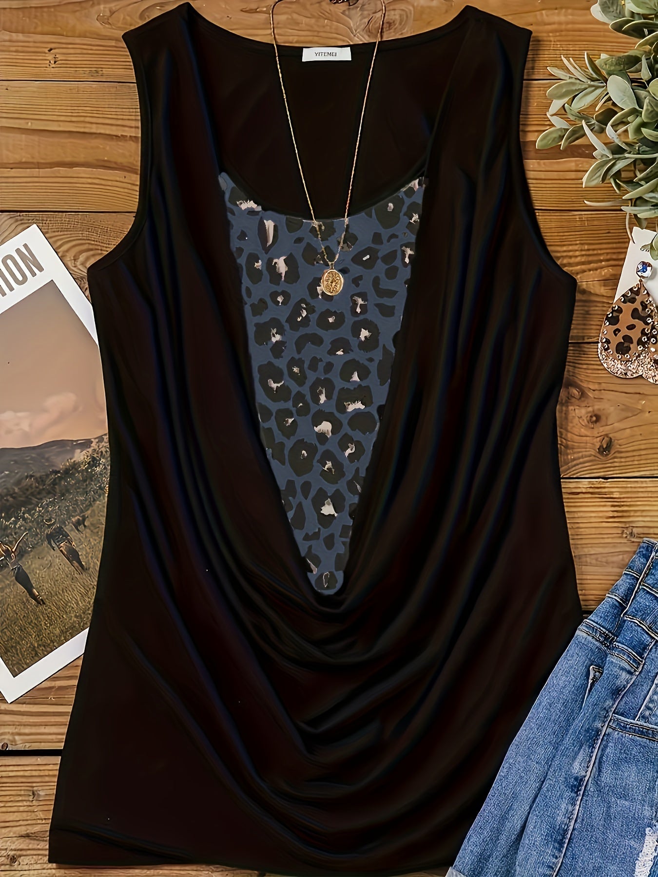 Colorblock Leopard Ruched Tank Top