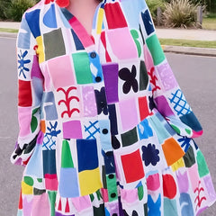 Geometric Print Long Sleeve Babydoll Dress