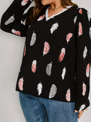 Blouse Women's Feather Print Long Sleeve V Neck Loose Top