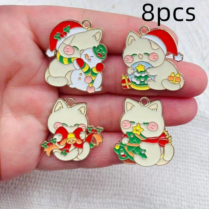 8pcs Christmas Cat Snowman Enamel Pendant for DIY Jewelry Making