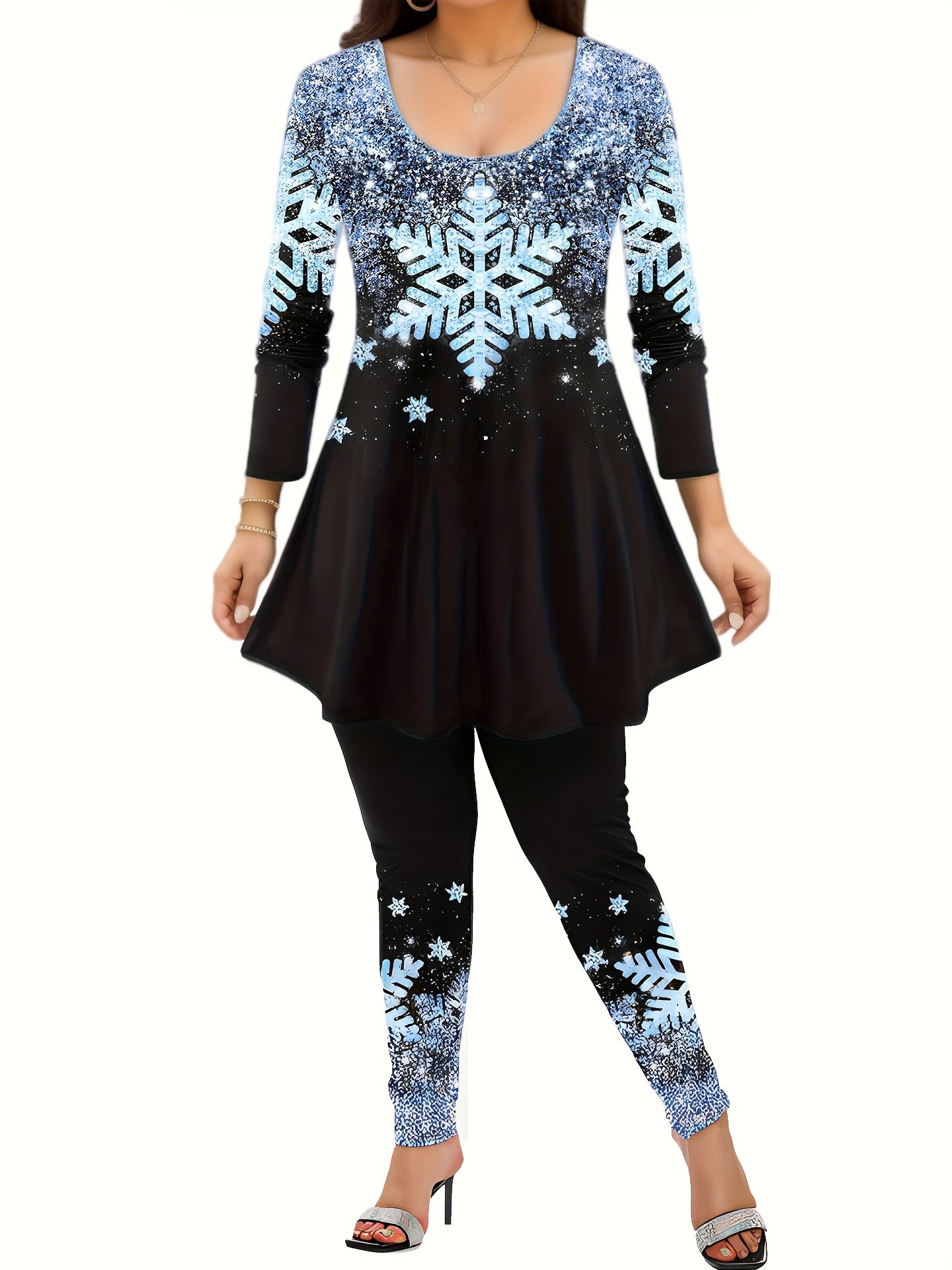 Women's Plus Snowflake Print Long Sleeve Top & Pants Set