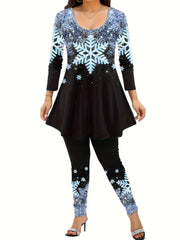 Women's Plus Snowflake Print Long Sleeve Top & Pants Set