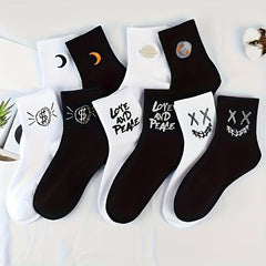 10 Pairs Letter & Moon Print Socks Breathable Women's Stockings