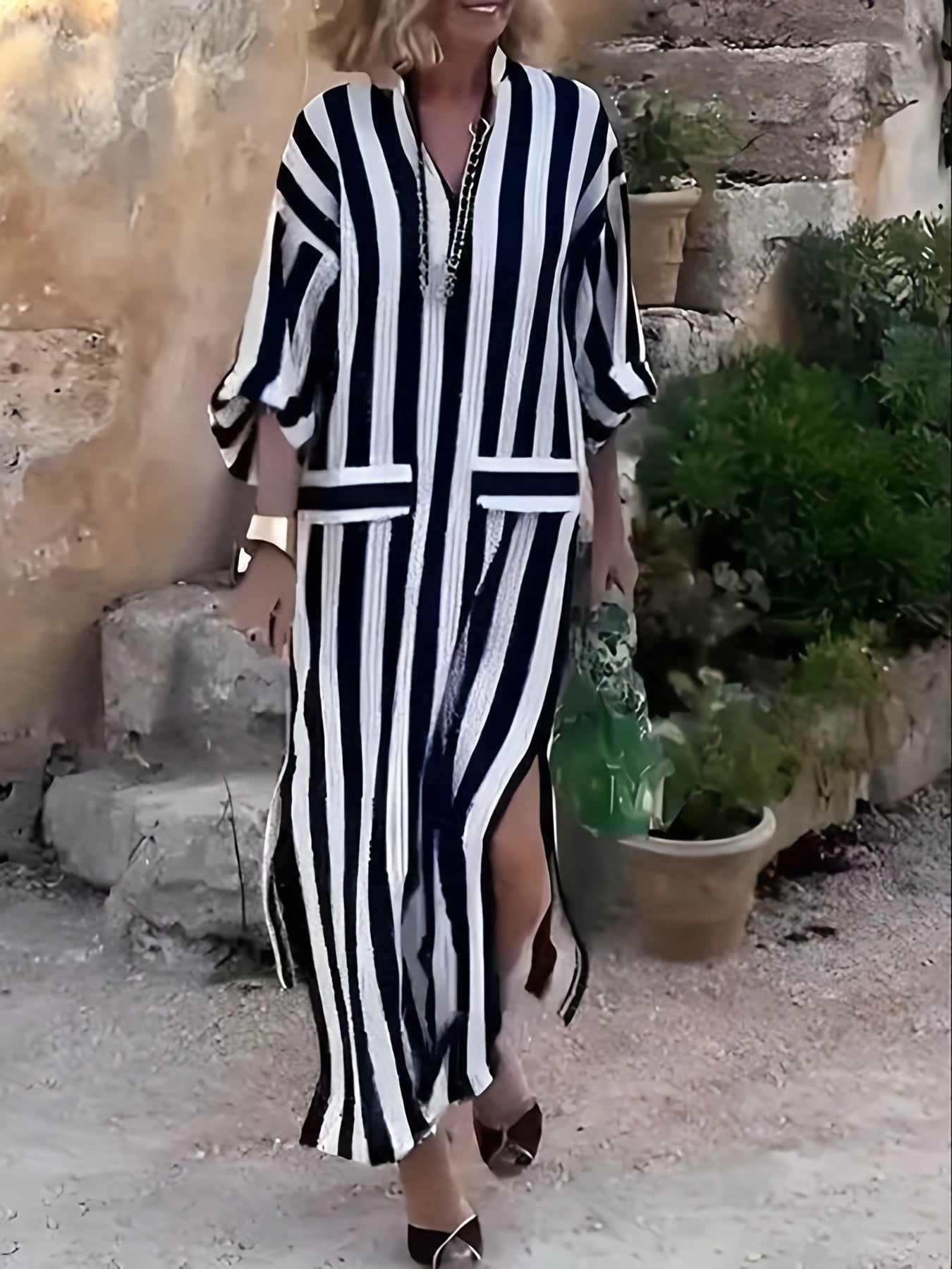  Striped Long Sleeve Maxi Dress