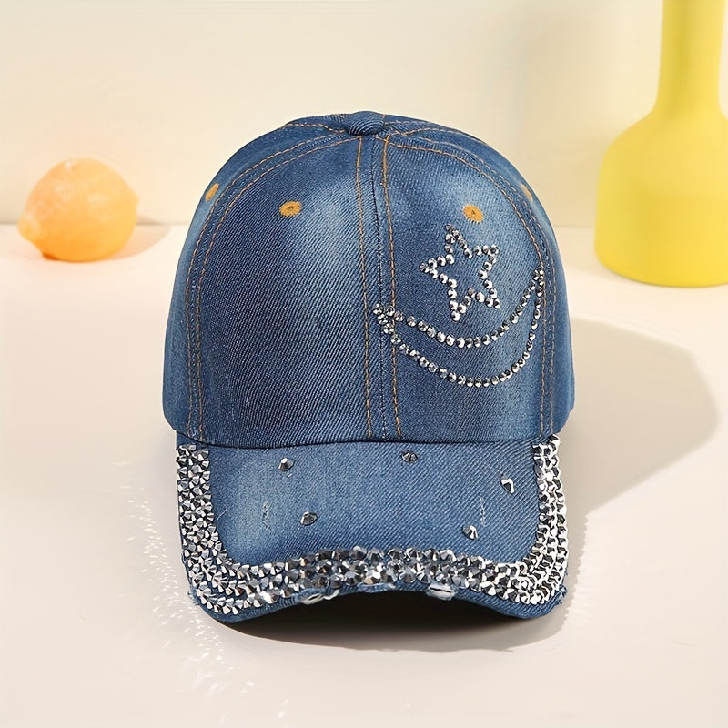 Rhinestone Star Moon Baseball Cap Washed Distressed Hip Hop Dad Hats