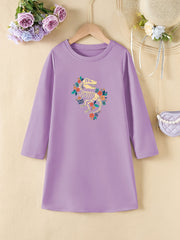 Girls' Floral Dino Bones Print Long Sleeve A-line Dress