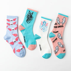 4 Pairs Angel Wings Print Socks & Funny Pattern Mid Tube Socks Women's Stockings