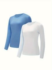 2pcs Solid Lounge Tops Long Sleeve Crew Neck Top Women's Loungewear
