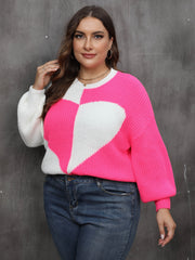  Colorblock Heart Print Round Neck Sweater
